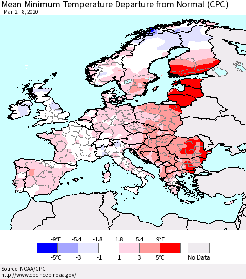 Europe Mean Minimum Temperature Departure from Normal (CPC) Thematic Map For 3/2/2020 - 3/8/2020