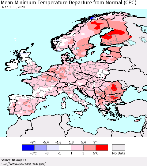 Europe Mean Minimum Temperature Departure from Normal (CPC) Thematic Map For 3/9/2020 - 3/15/2020
