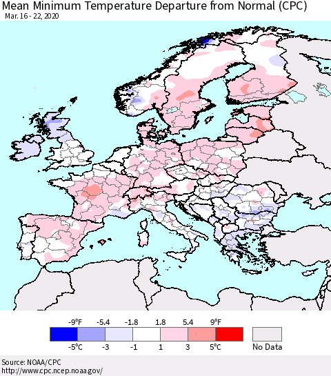 Europe Mean Minimum Temperature Departure from Normal (CPC) Thematic Map For 3/16/2020 - 3/22/2020
