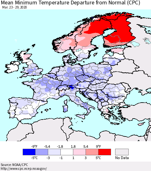 Europe Mean Minimum Temperature Departure from Normal (CPC) Thematic Map For 3/23/2020 - 3/29/2020