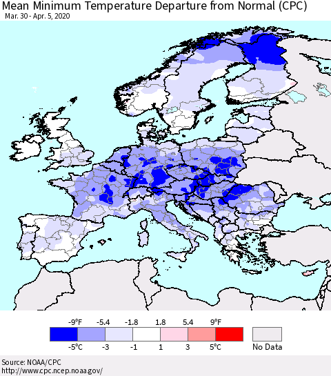 Europe Mean Minimum Temperature Departure from Normal (CPC) Thematic Map For 3/30/2020 - 4/5/2020