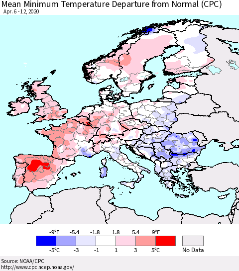 Europe Mean Minimum Temperature Departure from Normal (CPC) Thematic Map For 4/6/2020 - 4/12/2020