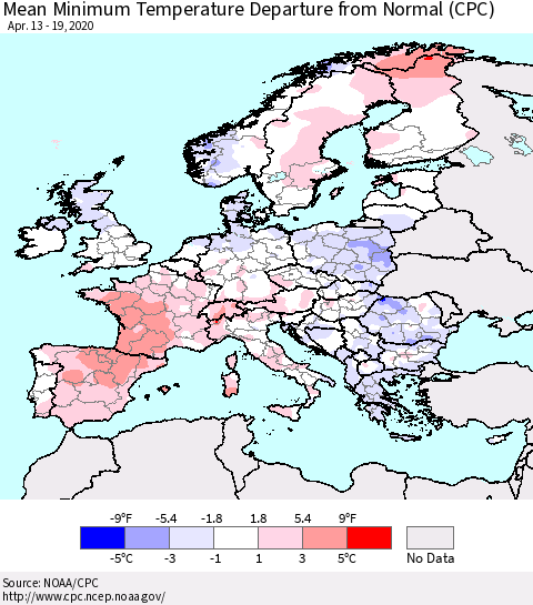 Europe Mean Minimum Temperature Departure from Normal (CPC) Thematic Map For 4/13/2020 - 4/19/2020