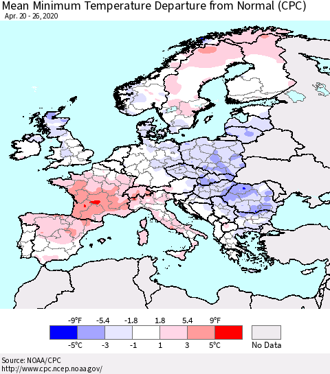 Europe Mean Minimum Temperature Departure from Normal (CPC) Thematic Map For 4/20/2020 - 4/26/2020