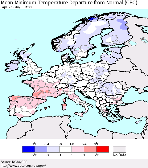 Europe Mean Minimum Temperature Departure from Normal (CPC) Thematic Map For 4/27/2020 - 5/3/2020