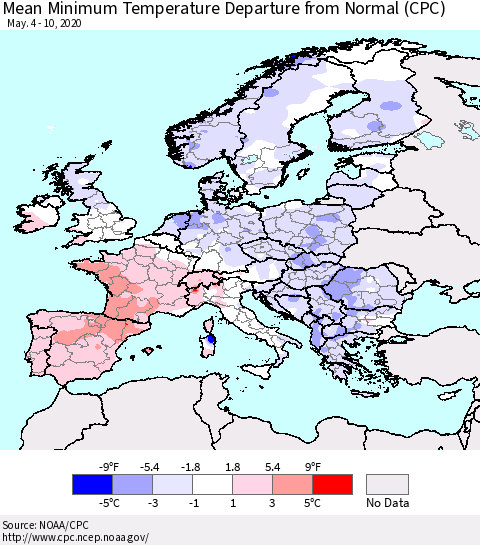 Europe Mean Minimum Temperature Departure from Normal (CPC) Thematic Map For 5/4/2020 - 5/10/2020