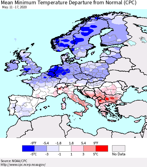 Europe Mean Minimum Temperature Departure from Normal (CPC) Thematic Map For 5/11/2020 - 5/17/2020