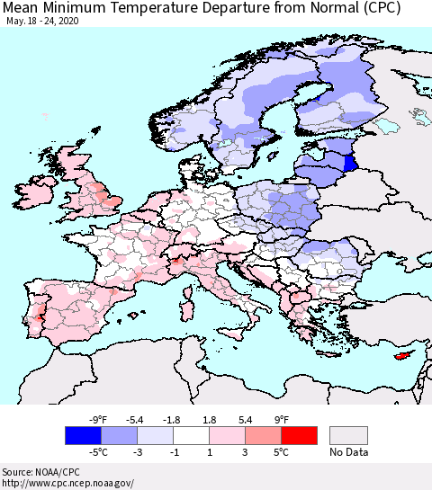 Europe Mean Minimum Temperature Departure from Normal (CPC) Thematic Map For 5/18/2020 - 5/24/2020