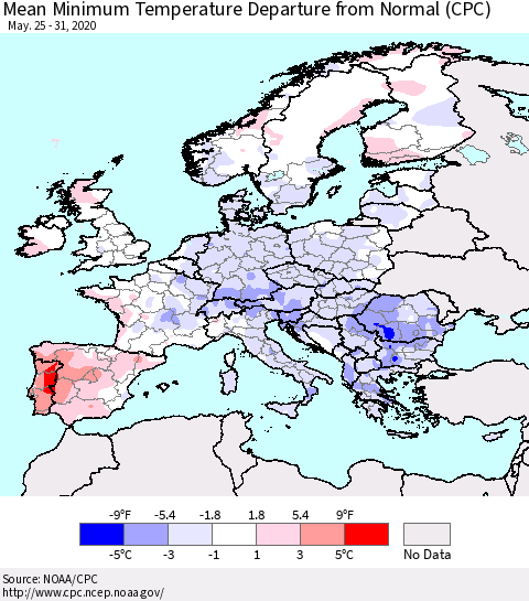 Europe Mean Minimum Temperature Departure from Normal (CPC) Thematic Map For 5/25/2020 - 5/31/2020