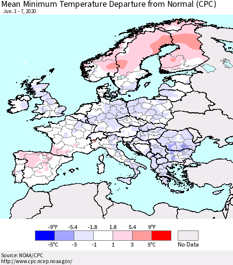 Europe Mean Minimum Temperature Departure from Normal (CPC) Thematic Map For 6/1/2020 - 6/7/2020
