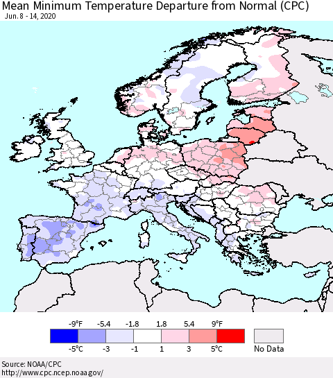 Europe Mean Minimum Temperature Departure from Normal (CPC) Thematic Map For 6/8/2020 - 6/14/2020