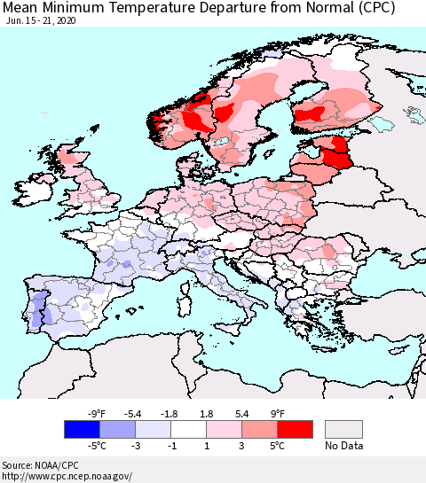 Europe Mean Minimum Temperature Departure from Normal (CPC) Thematic Map For 6/15/2020 - 6/21/2020