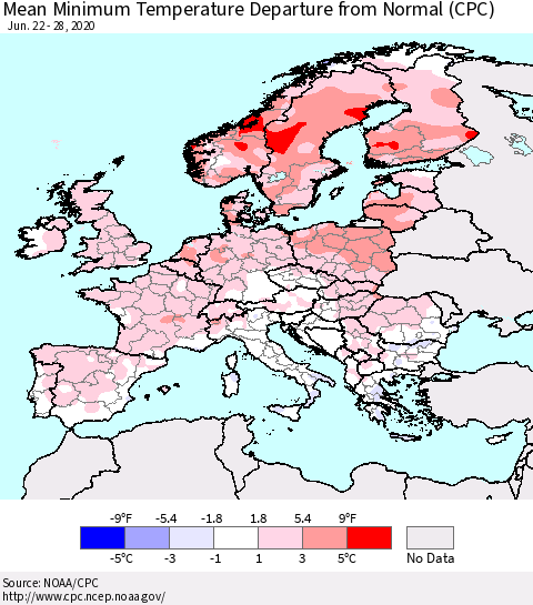 Europe Mean Minimum Temperature Departure from Normal (CPC) Thematic Map For 6/22/2020 - 6/28/2020