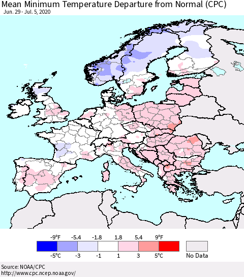 Europe Mean Minimum Temperature Departure from Normal (CPC) Thematic Map For 6/29/2020 - 7/5/2020