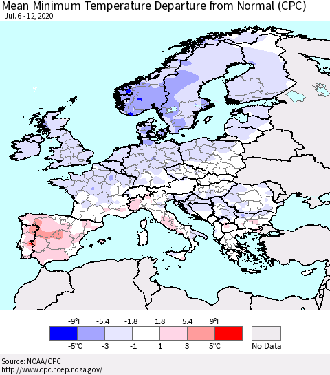 Europe Mean Minimum Temperature Departure from Normal (CPC) Thematic Map For 7/6/2020 - 7/12/2020