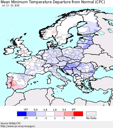 Europe Mean Minimum Temperature Departure from Normal (CPC) Thematic Map For 7/13/2020 - 7/19/2020