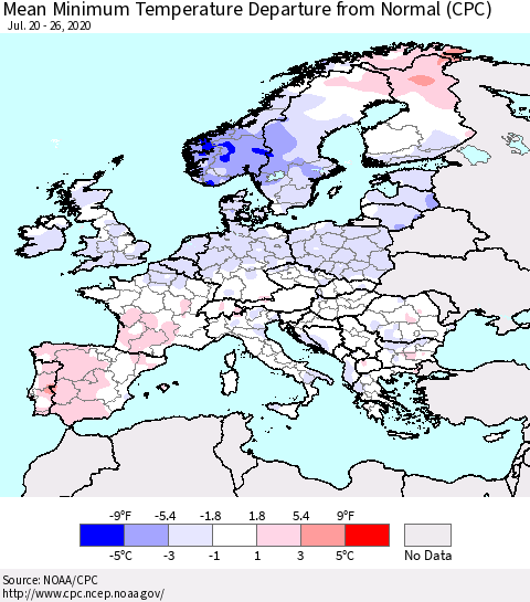 Europe Mean Minimum Temperature Departure from Normal (CPC) Thematic Map For 7/20/2020 - 7/26/2020