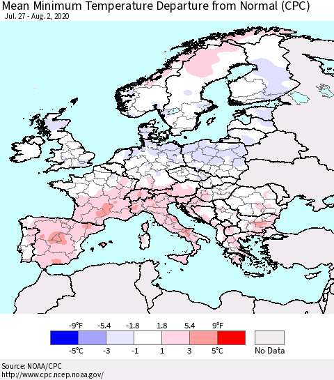 Europe Mean Minimum Temperature Departure from Normal (CPC) Thematic Map For 7/27/2020 - 8/2/2020