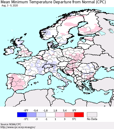 Europe Mean Minimum Temperature Departure from Normal (CPC) Thematic Map For 8/3/2020 - 8/9/2020