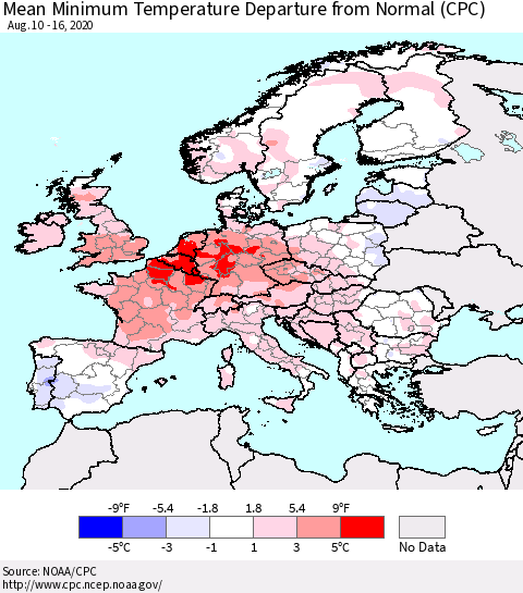 Europe Mean Minimum Temperature Departure from Normal (CPC) Thematic Map For 8/10/2020 - 8/16/2020
