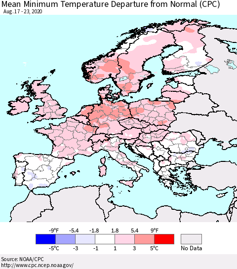 Europe Mean Minimum Temperature Departure from Normal (CPC) Thematic Map For 8/17/2020 - 8/23/2020