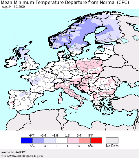 Europe Mean Minimum Temperature Departure from Normal (CPC) Thematic Map For 8/24/2020 - 8/30/2020