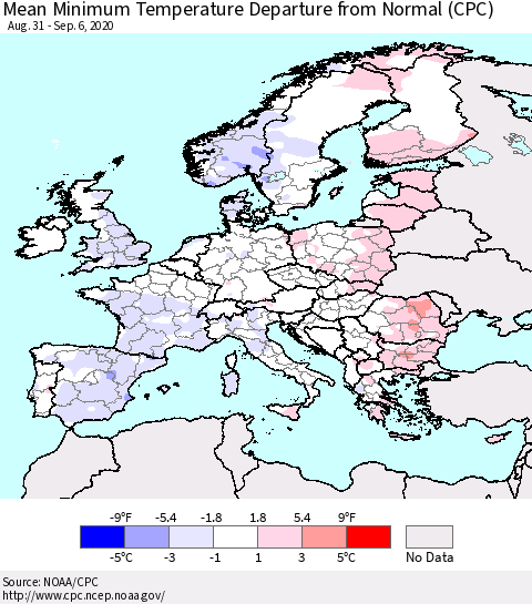 Europe Mean Minimum Temperature Departure from Normal (CPC) Thematic Map For 8/31/2020 - 9/6/2020