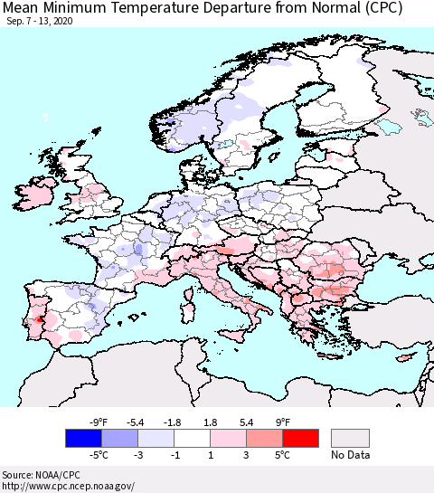 Europe Mean Minimum Temperature Departure from Normal (CPC) Thematic Map For 9/7/2020 - 9/13/2020