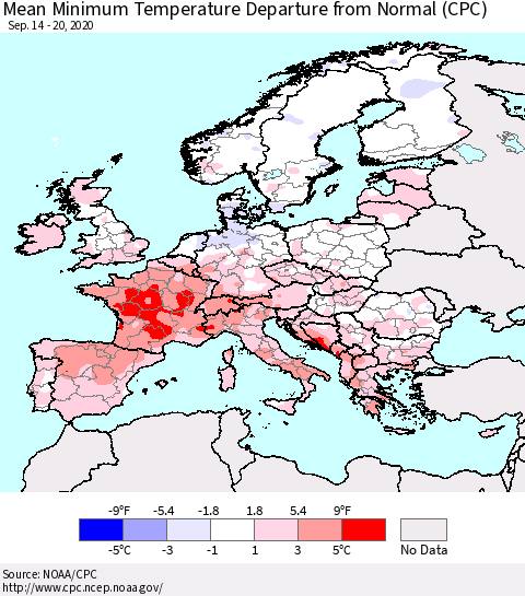 Europe Mean Minimum Temperature Departure from Normal (CPC) Thematic Map For 9/14/2020 - 9/20/2020
