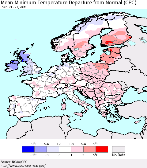 Europe Mean Minimum Temperature Departure from Normal (CPC) Thematic Map For 9/21/2020 - 9/27/2020