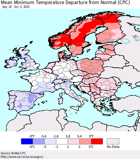 Europe Mean Minimum Temperature Departure from Normal (CPC) Thematic Map For 9/28/2020 - 10/4/2020