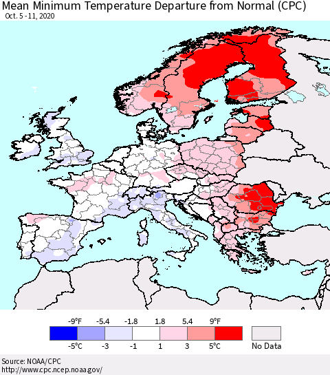 Europe Mean Minimum Temperature Departure from Normal (CPC) Thematic Map For 10/5/2020 - 10/11/2020