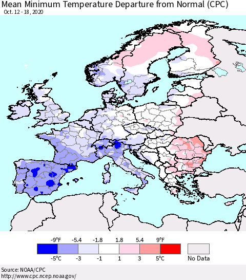 Europe Mean Minimum Temperature Departure from Normal (CPC) Thematic Map For 10/12/2020 - 10/18/2020