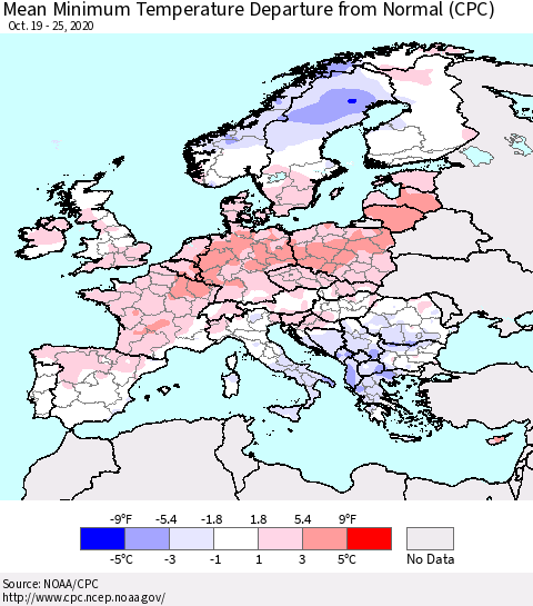 Europe Mean Minimum Temperature Departure from Normal (CPC) Thematic Map For 10/19/2020 - 10/25/2020