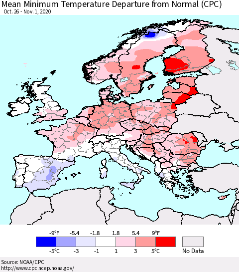 Europe Mean Minimum Temperature Departure from Normal (CPC) Thematic Map For 10/26/2020 - 11/1/2020