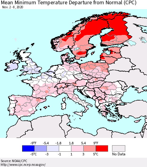 Europe Mean Minimum Temperature Departure from Normal (CPC) Thematic Map For 11/2/2020 - 11/8/2020