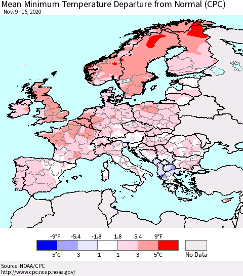 Europe Mean Minimum Temperature Departure from Normal (CPC) Thematic Map For 11/9/2020 - 11/15/2020