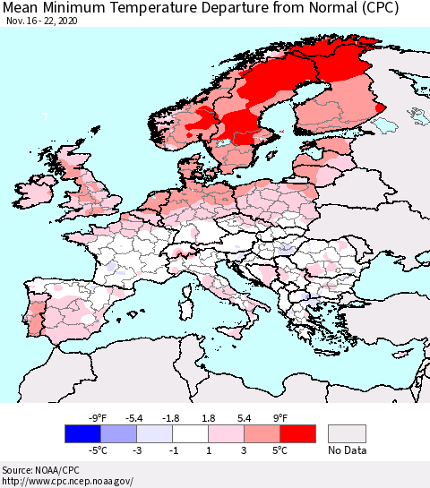 Europe Mean Minimum Temperature Departure from Normal (CPC) Thematic Map For 11/16/2020 - 11/22/2020