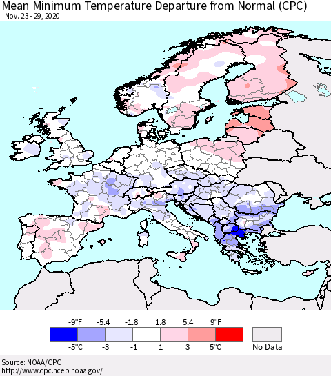 Europe Mean Minimum Temperature Departure from Normal (CPC) Thematic Map For 11/23/2020 - 11/29/2020