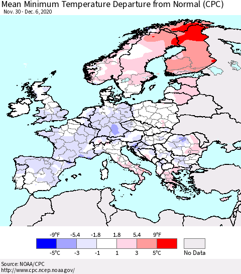 Europe Mean Minimum Temperature Departure from Normal (CPC) Thematic Map For 11/30/2020 - 12/6/2020