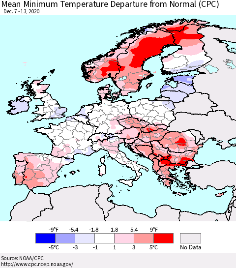 Europe Mean Minimum Temperature Departure from Normal (CPC) Thematic Map For 12/7/2020 - 12/13/2020