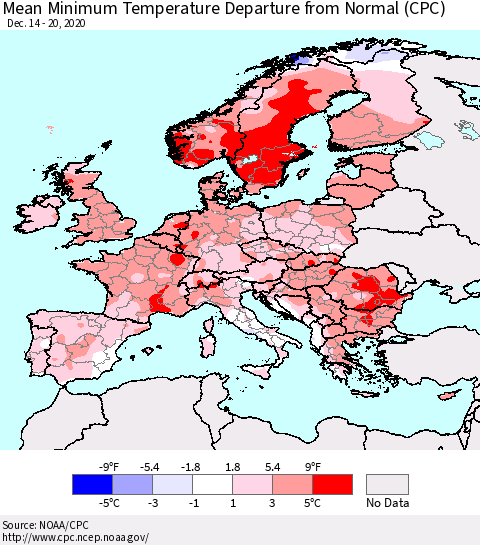 Europe Mean Minimum Temperature Departure from Normal (CPC) Thematic Map For 12/14/2020 - 12/20/2020
