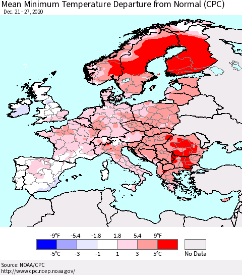 Europe Mean Minimum Temperature Departure from Normal (CPC) Thematic Map For 12/21/2020 - 12/27/2020