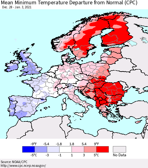Europe Mean Minimum Temperature Departure from Normal (CPC) Thematic Map For 12/28/2020 - 1/3/2021