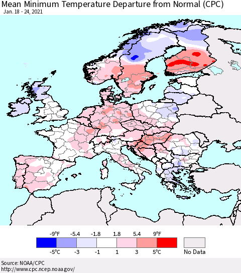Europe Mean Minimum Temperature Departure from Normal (CPC) Thematic Map For 1/18/2021 - 1/24/2021