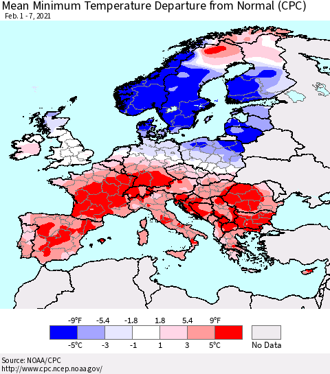 Europe Mean Minimum Temperature Departure from Normal (CPC) Thematic Map For 2/1/2021 - 2/7/2021