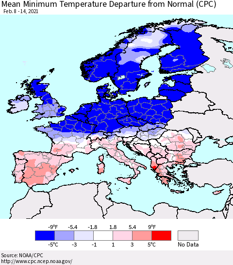 Europe Mean Minimum Temperature Departure from Normal (CPC) Thematic Map For 2/8/2021 - 2/14/2021