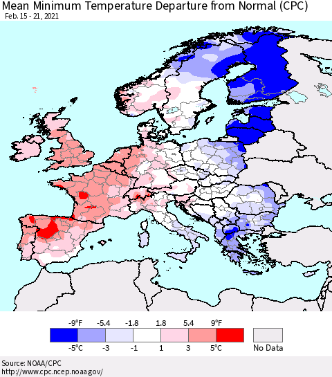 Europe Mean Minimum Temperature Departure from Normal (CPC) Thematic Map For 2/15/2021 - 2/21/2021