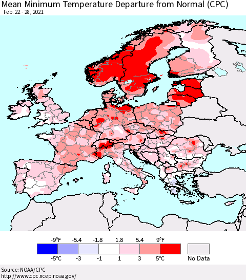 Europe Mean Minimum Temperature Departure from Normal (CPC) Thematic Map For 2/22/2021 - 2/28/2021
