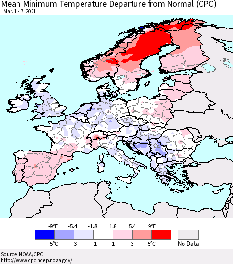 Europe Mean Minimum Temperature Departure from Normal (CPC) Thematic Map For 3/1/2021 - 3/7/2021